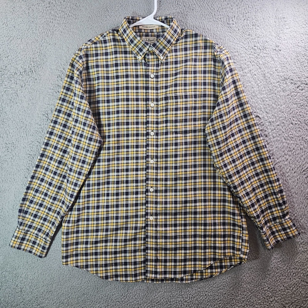LL Bean Shirt Men Medium Button Up‎ Long Sleeve Black White Yellow Plaid